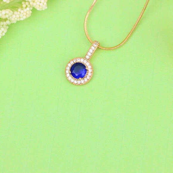 "Gold Plated Blue Round Pendant with Crystal Halo for Women, XPPT1739 - Picture 11 of 13